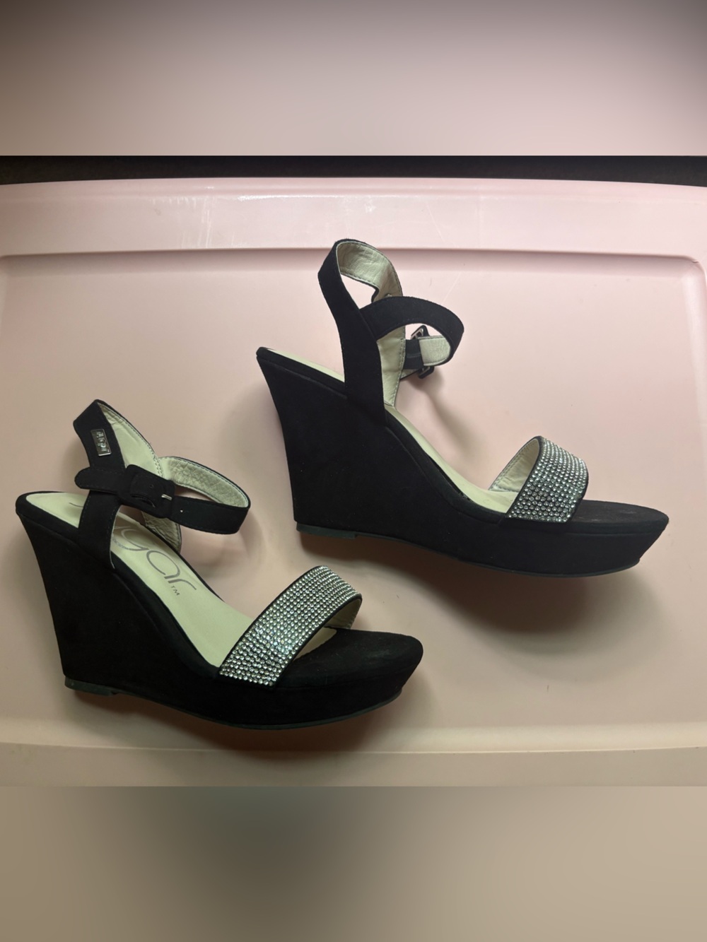 Black Wedge Sandals with Rhinestone Strap - Women